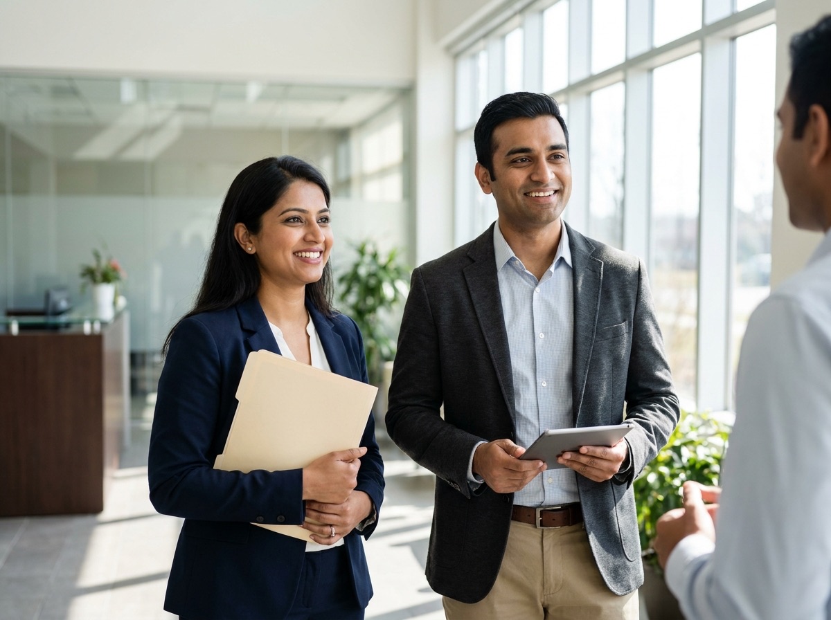 Illustration of two Business Relations Officers, a woman and a man in formal wear, talking with a client in a modern office lobby